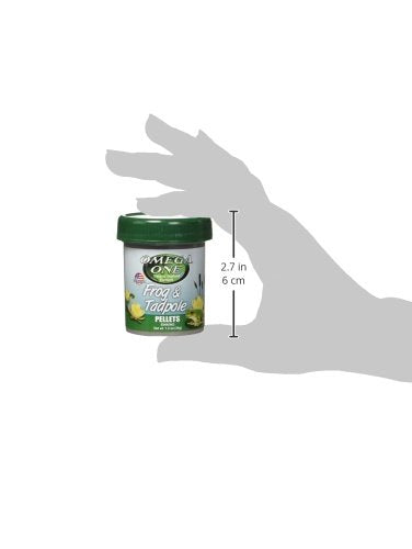 Omega One frog-tadpole pellet closeup emphasizes low starch formula for cleaner water.
