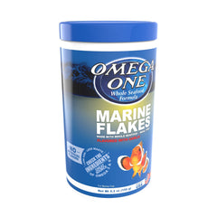Omega One Garlic Marine Flakes bottle front, color-boosting nutrition for vibrant saltwater fish