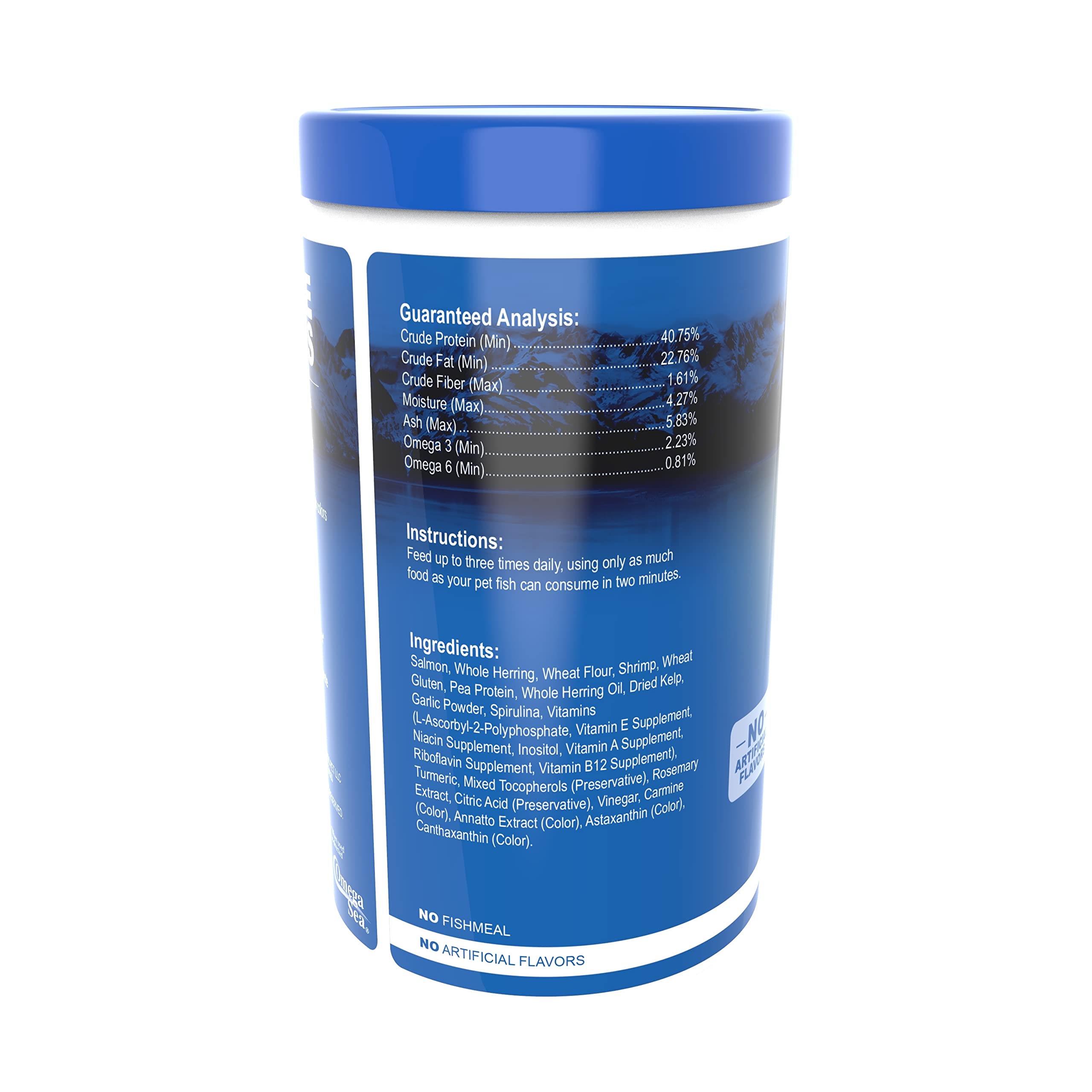 Omega One Garlic Marine Flakes guaranteed analysis chart highlights Omega-3 content