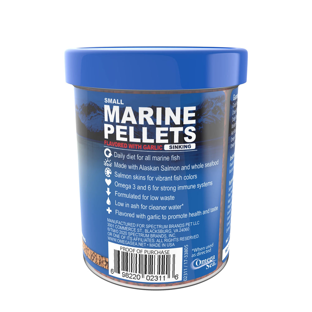Omega One Garlic Marine Small Sinking Pellets nutrition label highlights omega fats and ash.