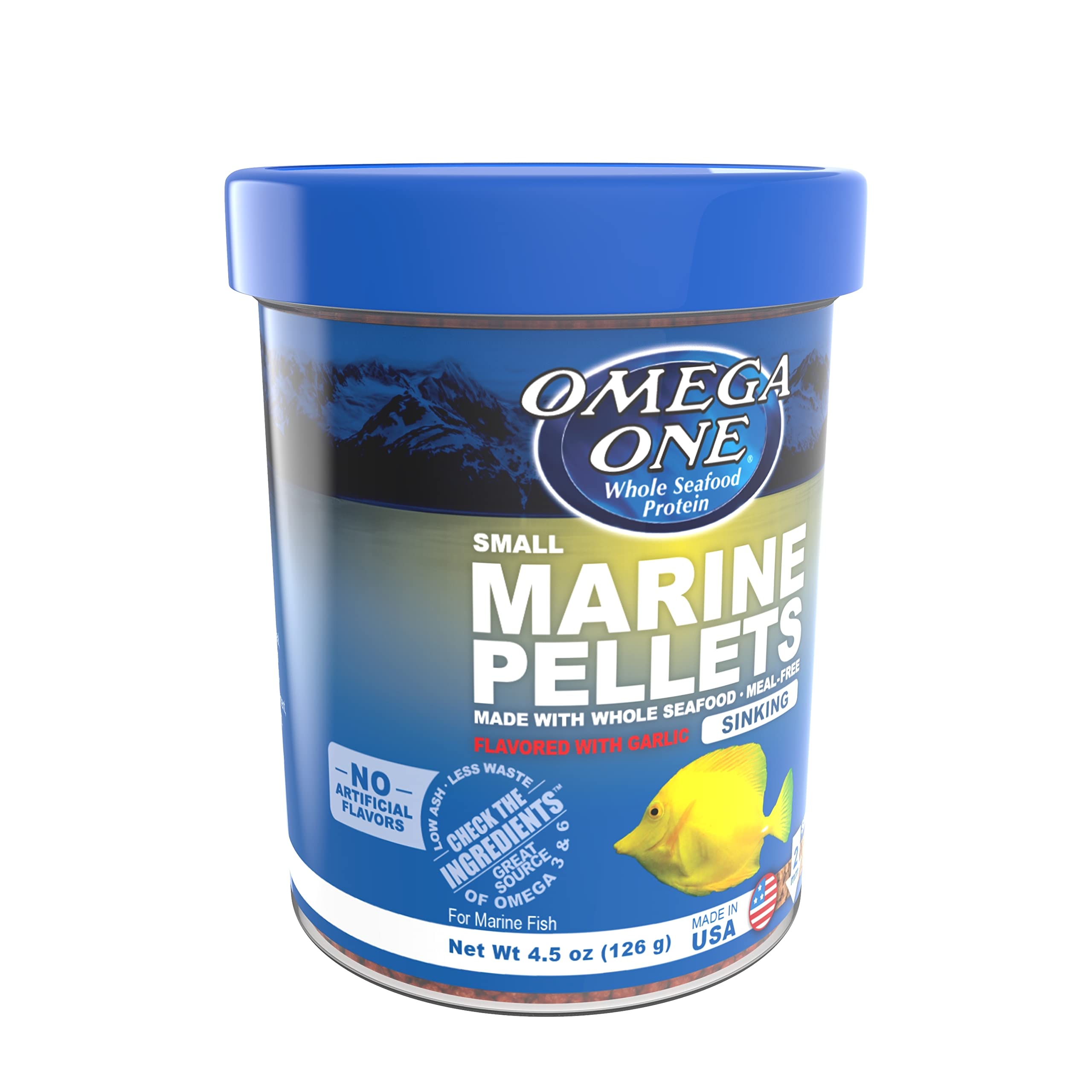 Omega One Garlic Marine Small Sinking Pellets closeup ready to feed.