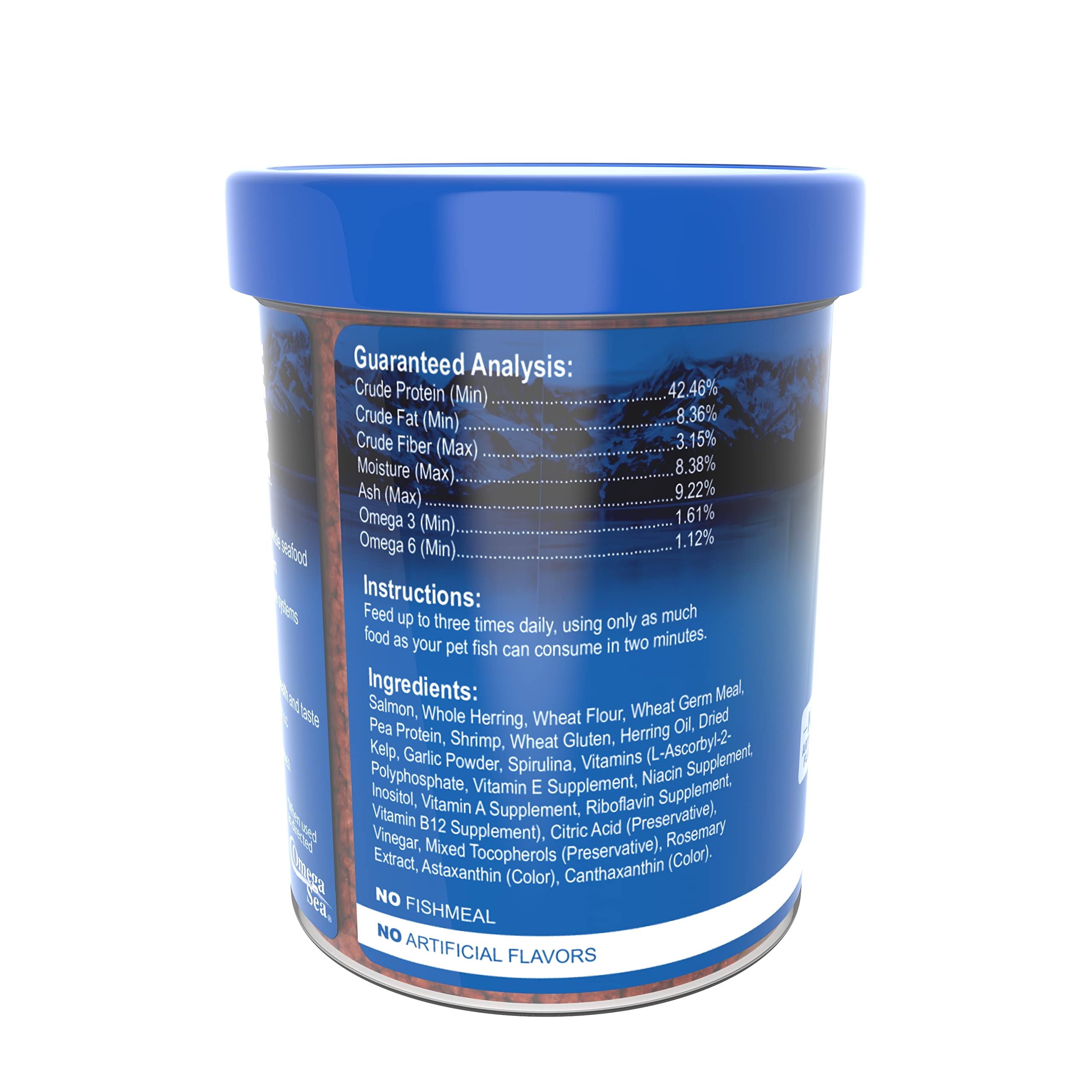 Omega One Garlic Marine Small Sinking Pellets sealed lid emphasizes freshness.