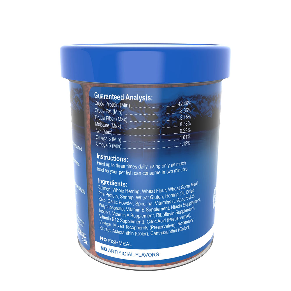 Omega One Garlic Marine Small Sinking Pellets sealed lid emphasizes freshness.
