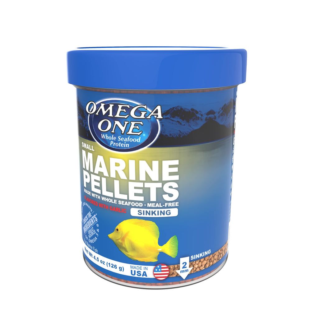 Omega One Garlic Marine Small Sinking Pellets serving bowl showing easy portioning.