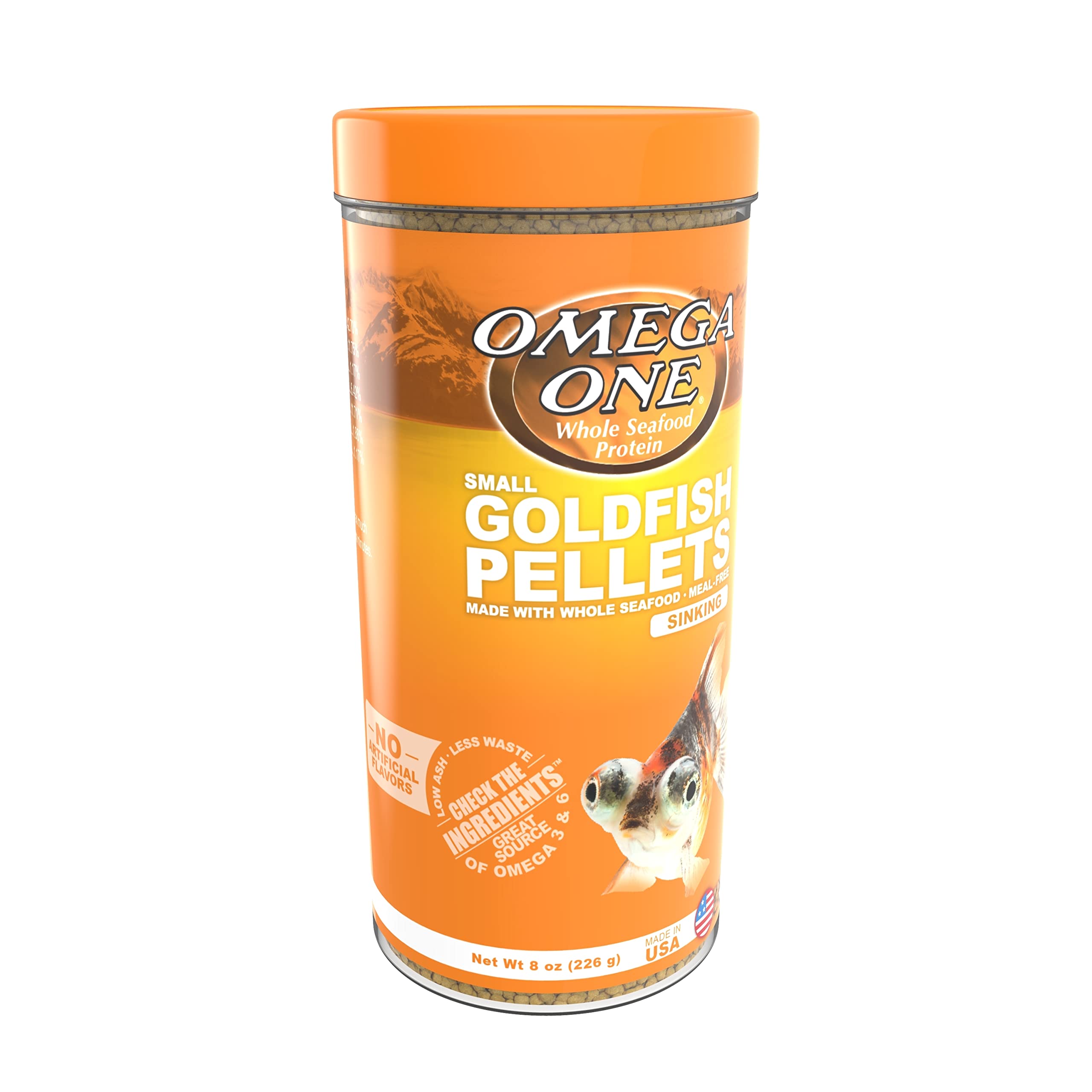 Omega One Goldfish Pellets ingredient-salmon-beta-carotene; supports color and digestion.