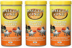 Omega One goldfish pellets three-pack jars front view supporting balanced diet