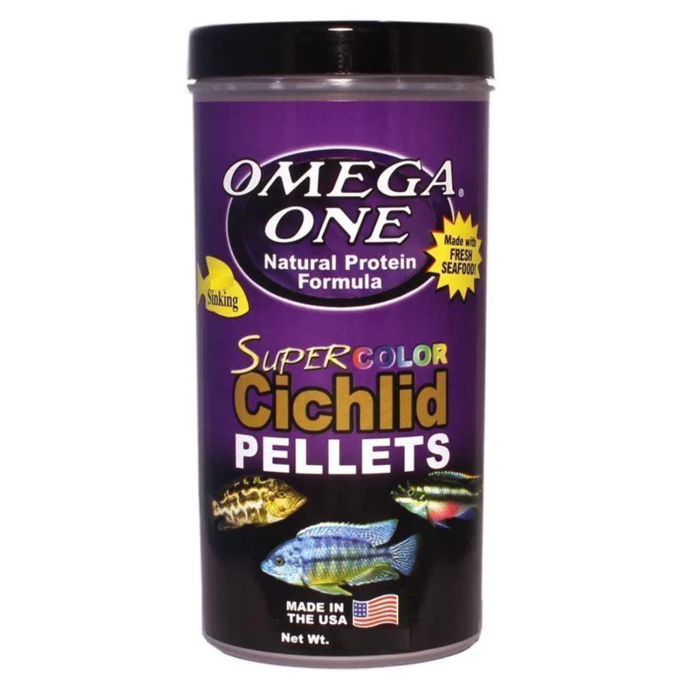 Omega One Sinking Cichlid Pellets bottle shows color-boosting nutrition for vibrant fish.