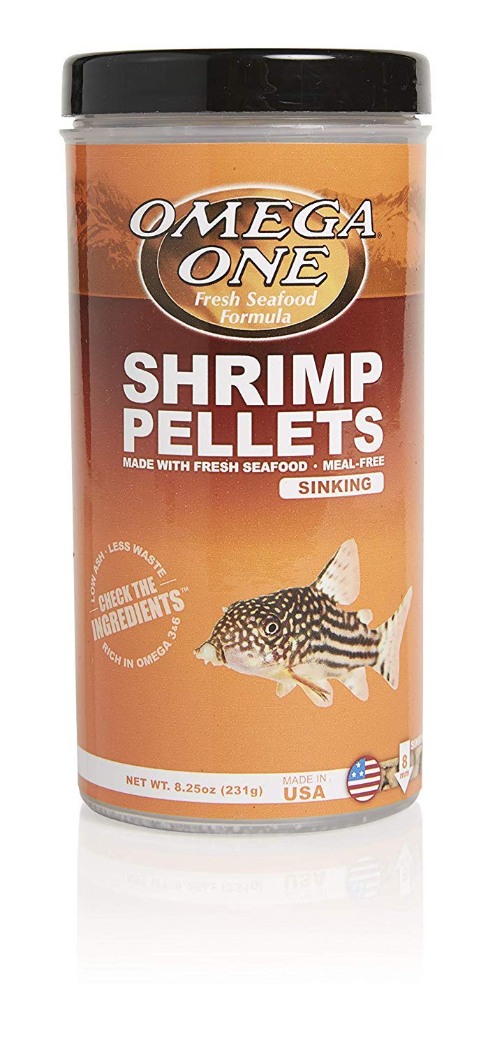 Omega One sinking shrimp pellets close-up showing real shrimp nutrition for vibrant colors.
