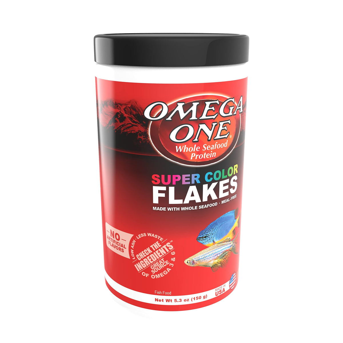 Omega One Super Color Flakes bottle closeup highlighting color-boosting nutrition for fish.
