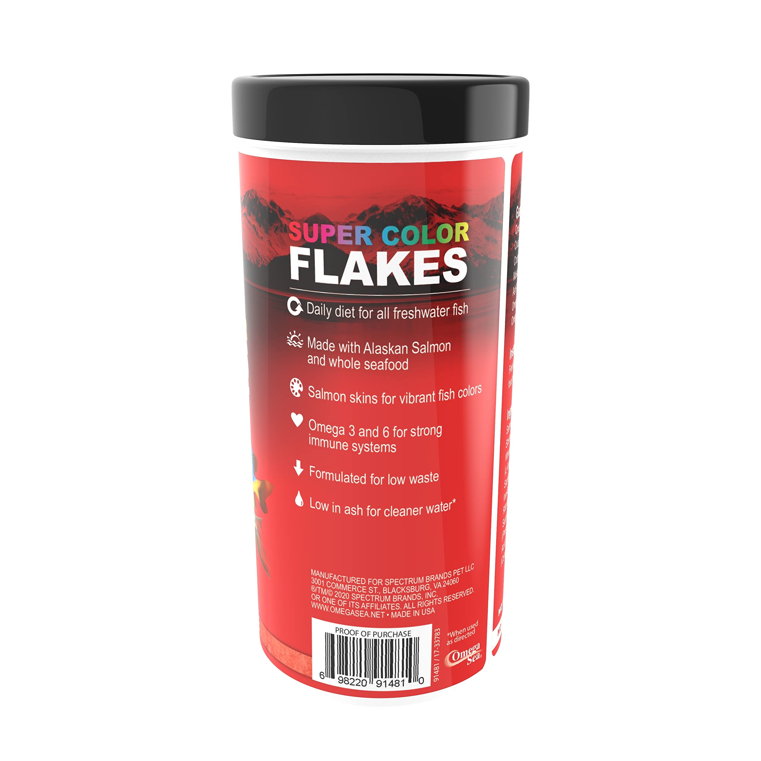 Omega One Super Color Flakes in a lively aquarium scene displays vibrant hues.