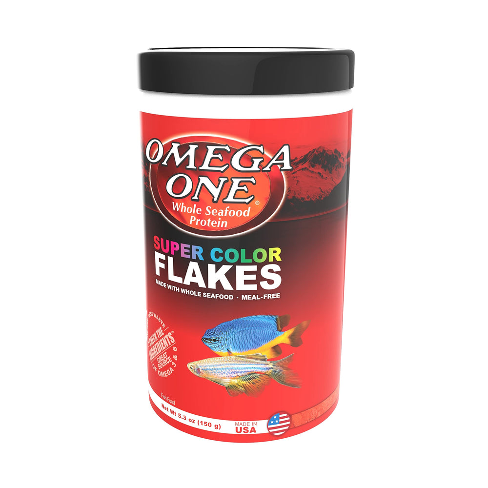 Omega One Super Color Flakes in water illustrates smooth dispersion for feeding.