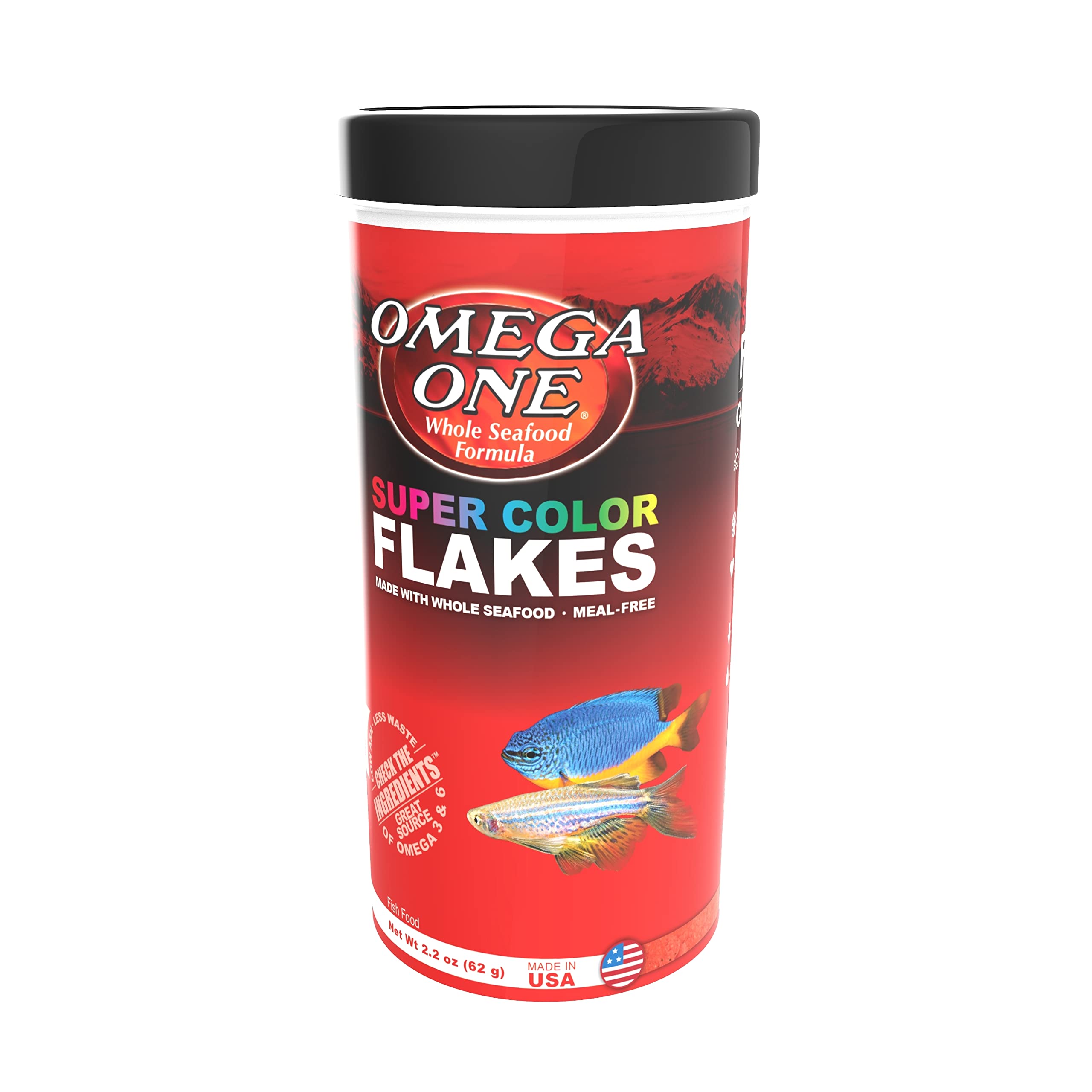 Omega One Super Color Flakes jar closeup highlights omega-rich formula for fish health.