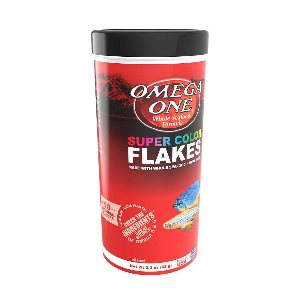 Omega One Super Color Flakes pouring action shows quick feeding and easy tank maintenance.