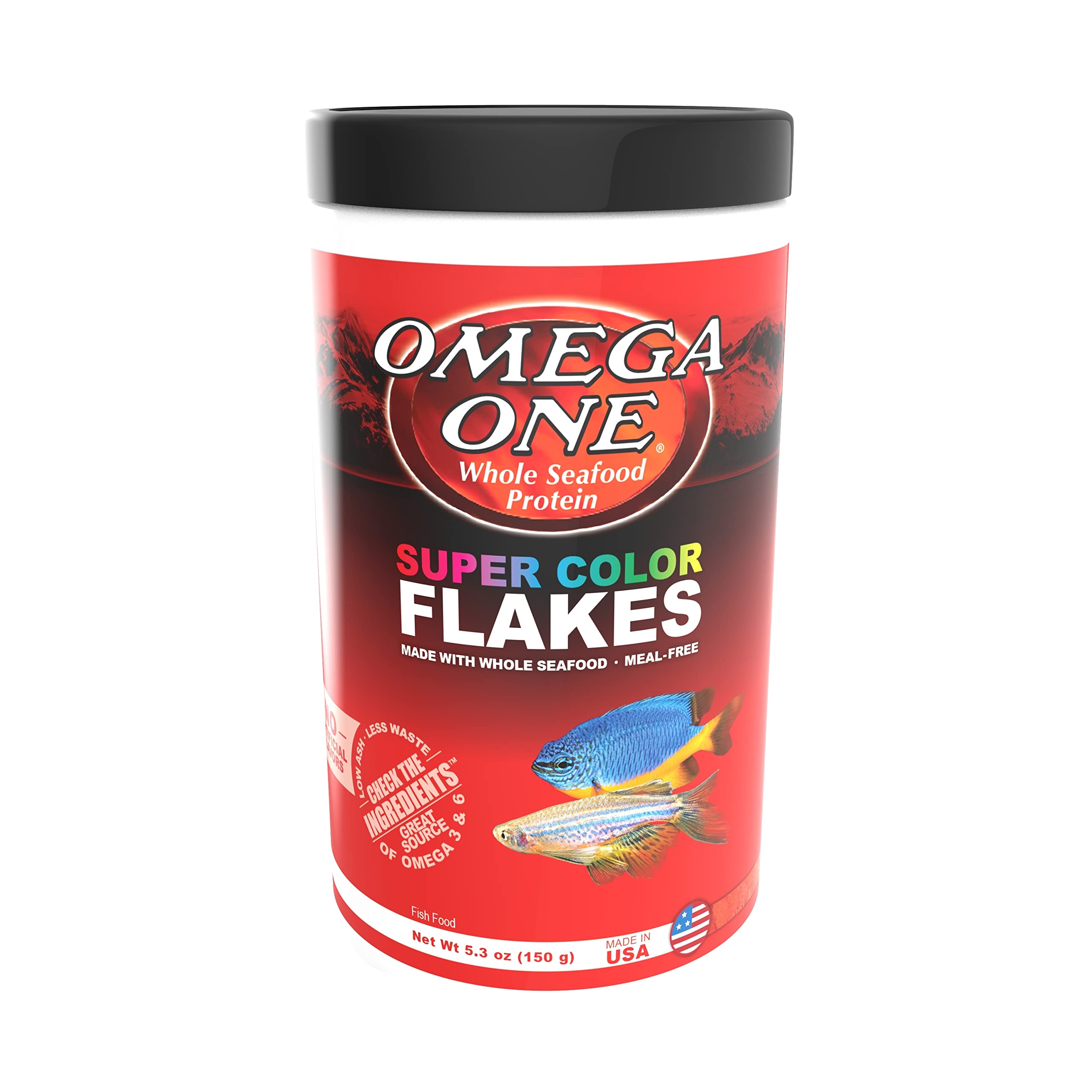 Omega One Super Color Flakes serving bowl shows easy feeding and vibrant color enhancement.