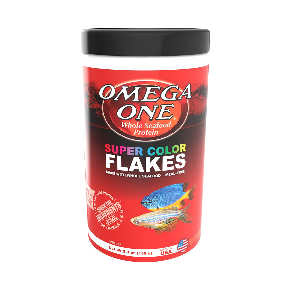 Omega One Super Color Flakes serving bowl shows easy feeding and vibrant color enhancement.
