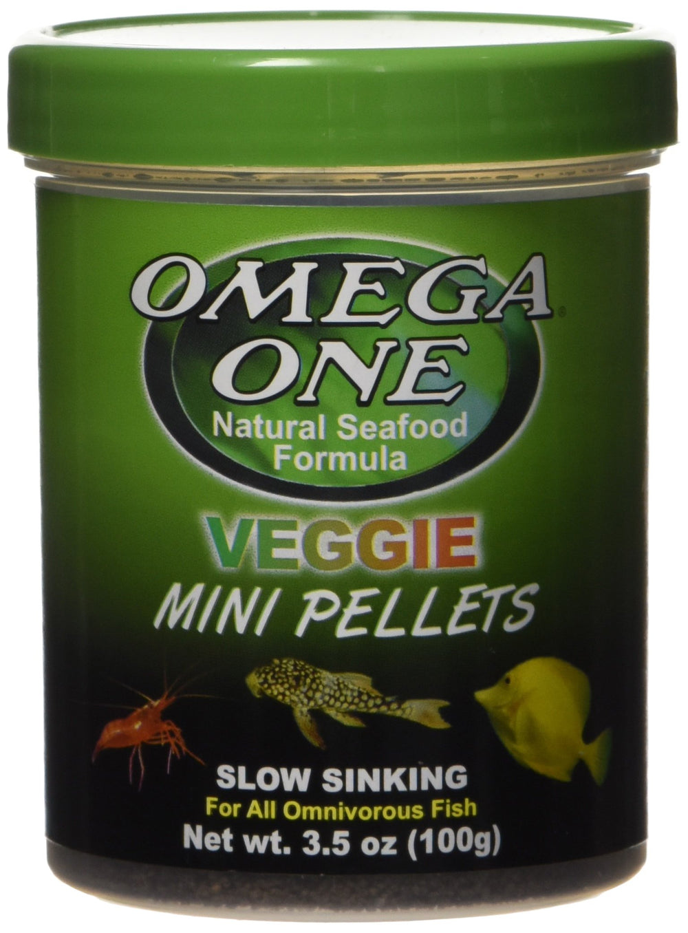 Omega One Veggie Mini Pellets bottle showing slow-sinking feeding for tanks.