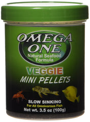 Omega One Veggie Mini Pellets bottle showing slow-sinking feeding for tanks.
