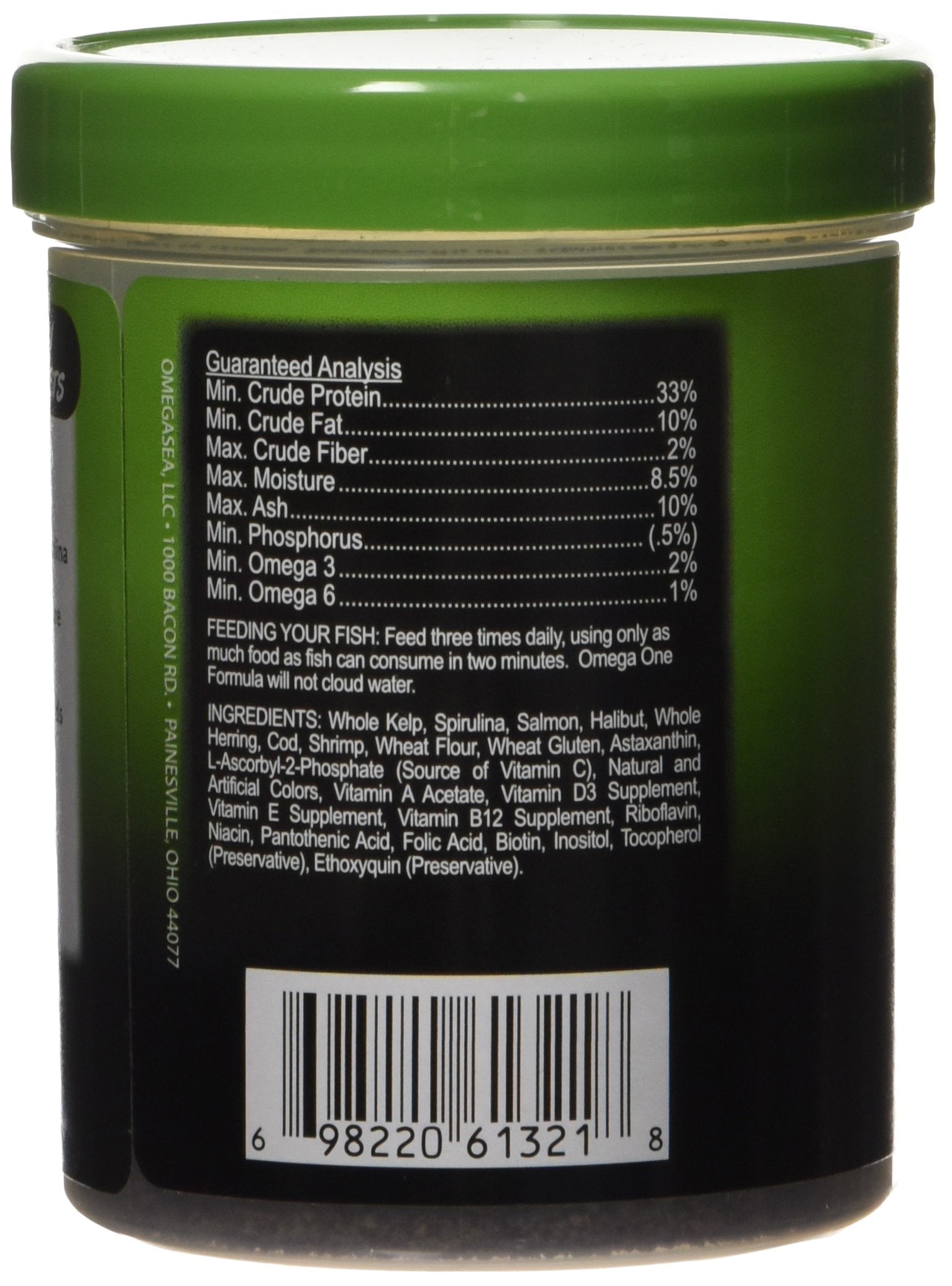 Omega One Veggie Mini Pellets closeup highlighting pellet texture for easy feeding.