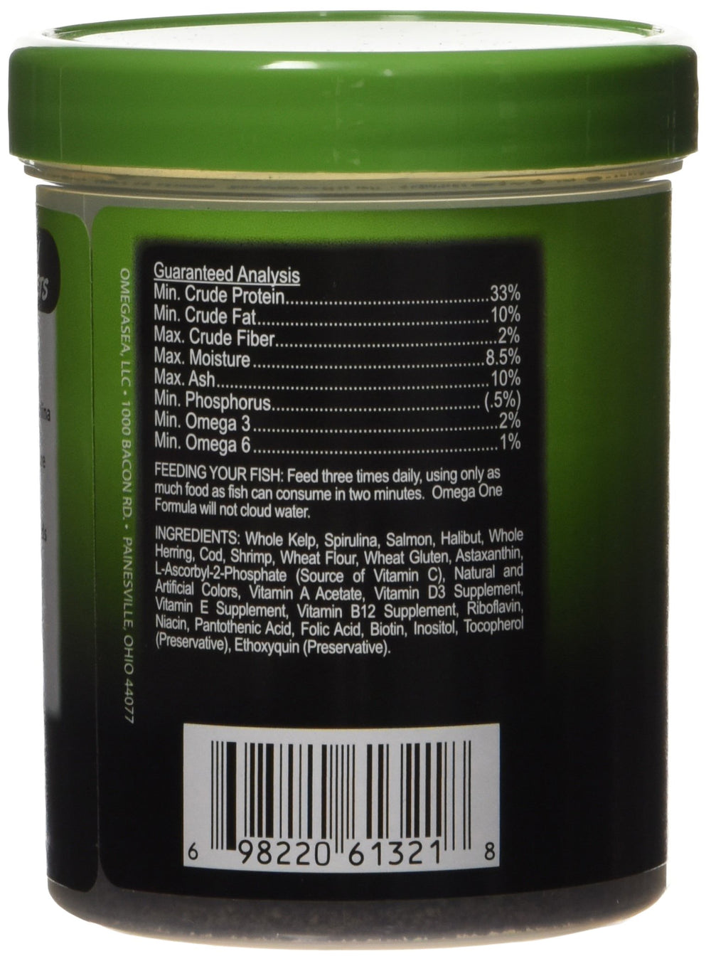Omega One Veggie Mini Pellets closeup highlighting pellet texture for easy feeding.
