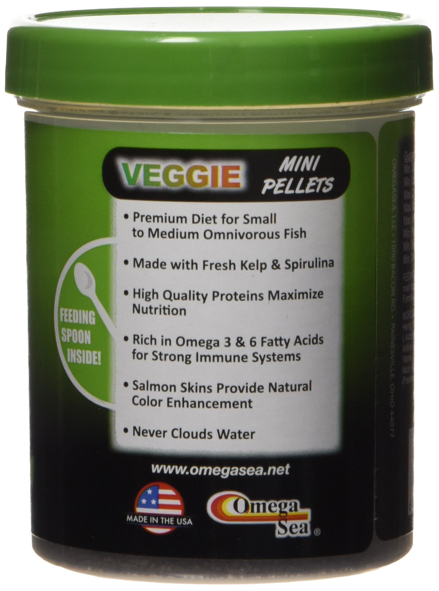 Omega One Veggie Mini Pellets ingredients kelp-spirulina closeup for premium nutrition.