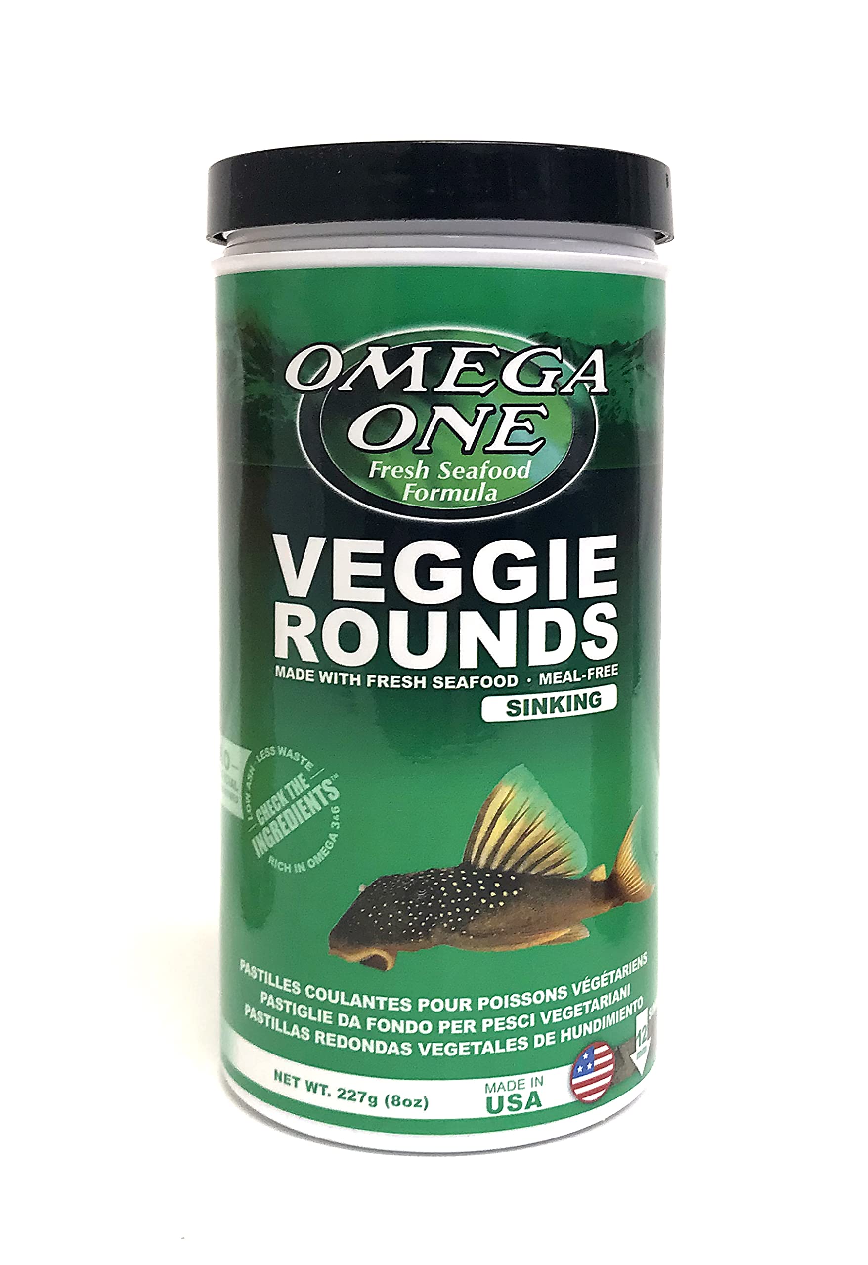 Omega One Veggie Rounds en bote de 8 oz con bolitas de 14 mm para alimentación diaria.