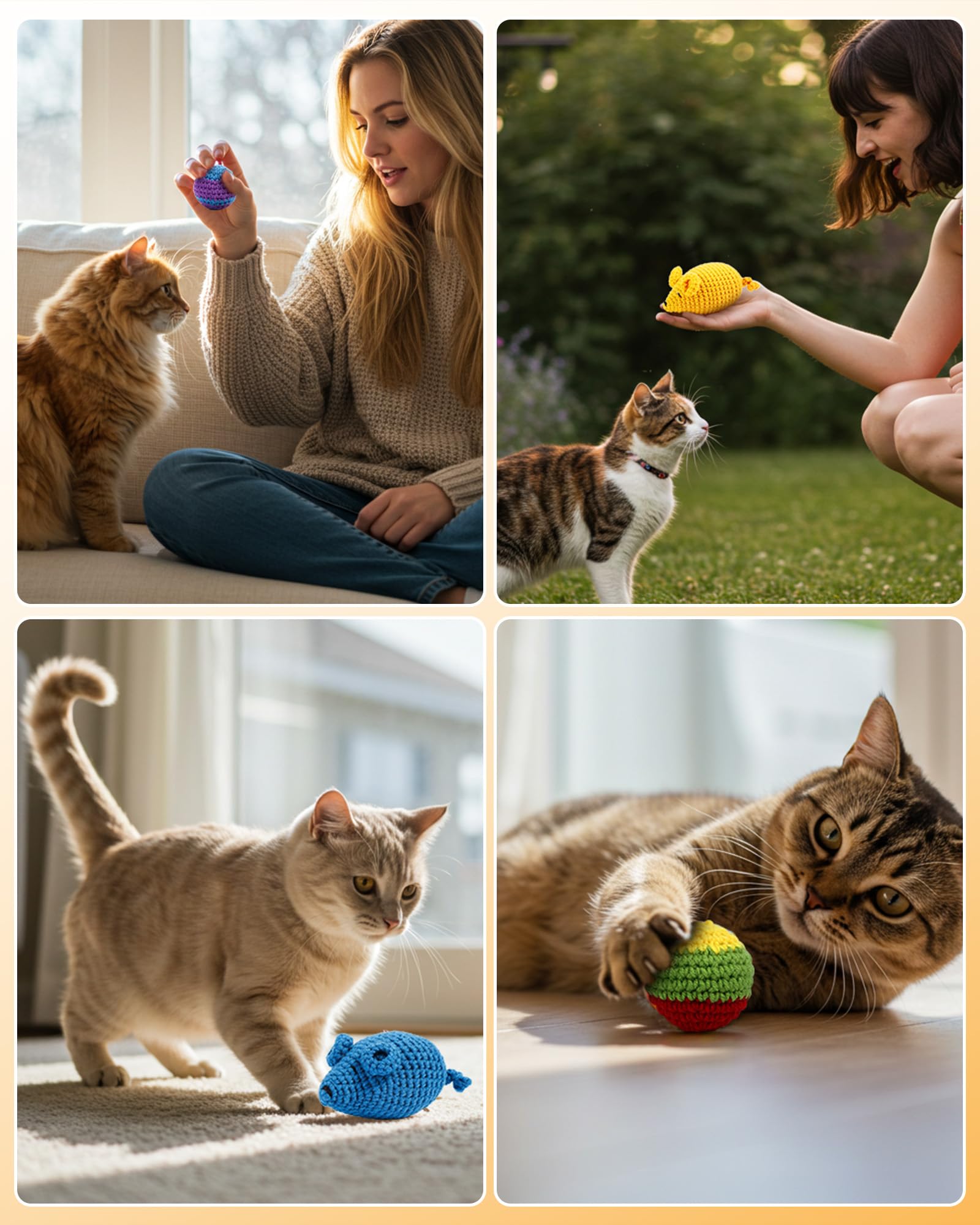 Omldggr cat playroom scene conveys safe lightweight toys for cats of all sizes