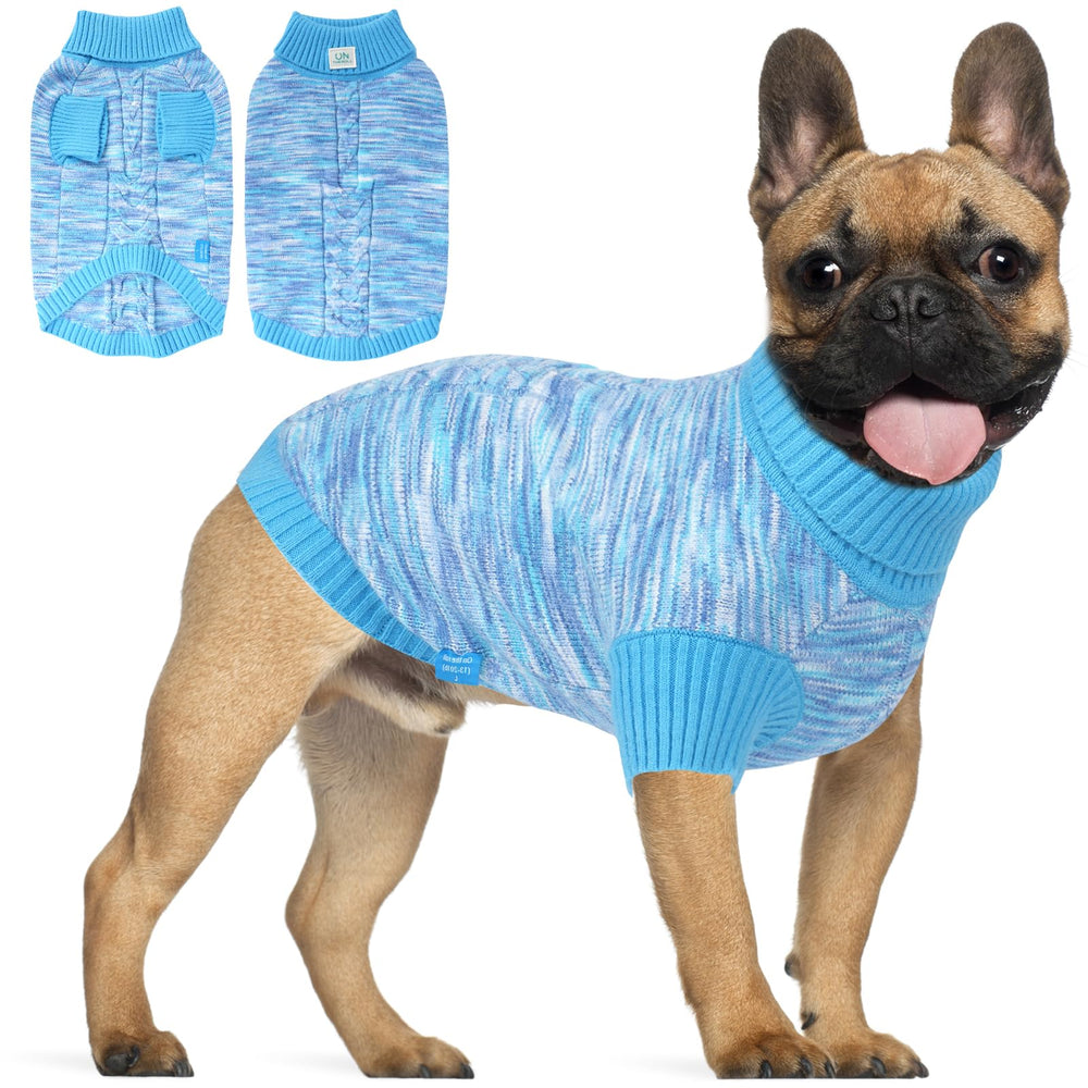 On The Roll blue turtleneck dog sweater front view highlights warmth and style for daily walks.