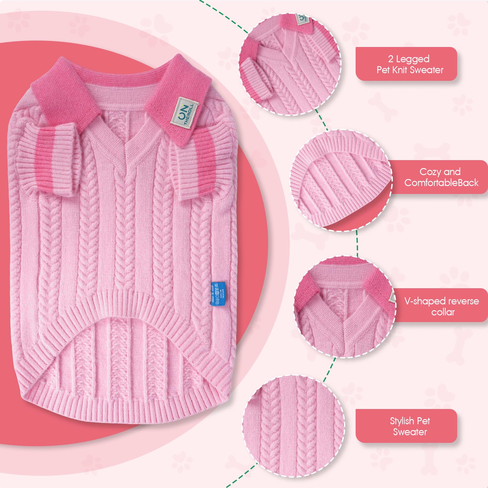 On The Roll dog sweater showing layered cable pattern for timeless fashion.