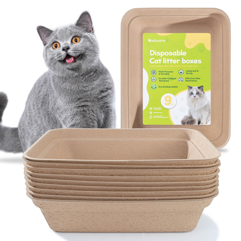 ondware disposable cat litter box 9-pack packaging highlights eco-friendly design for sustainable pet care.