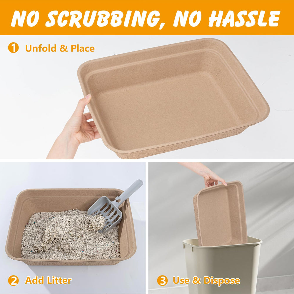 ondware large disposable litter box 16.7 x 13.4 x 4 in shown in use near a cat.