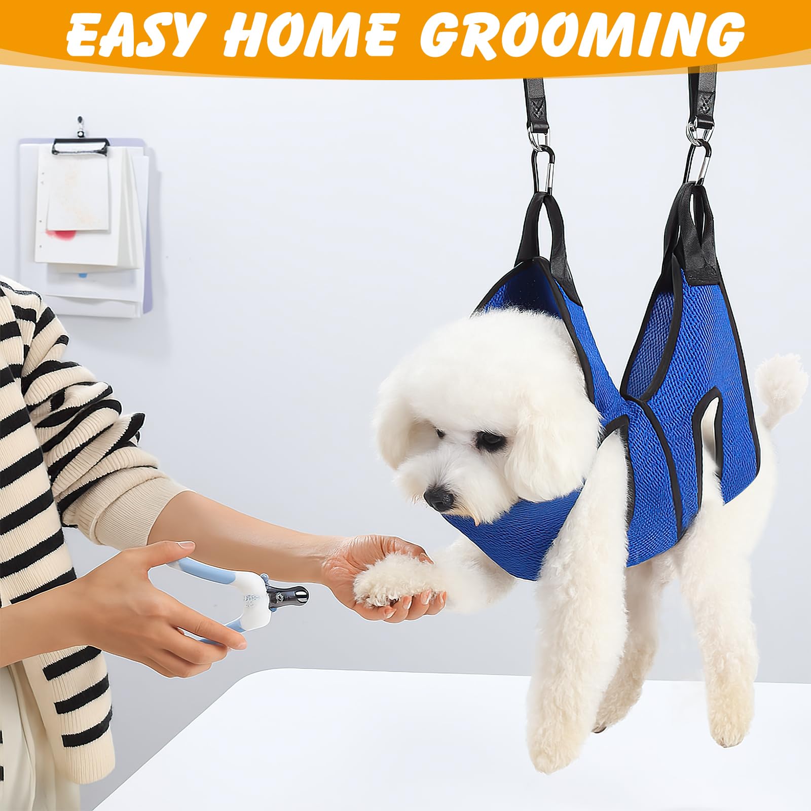 Ondware grooming hammock components arranged for easy at-home pet grooming sessions.