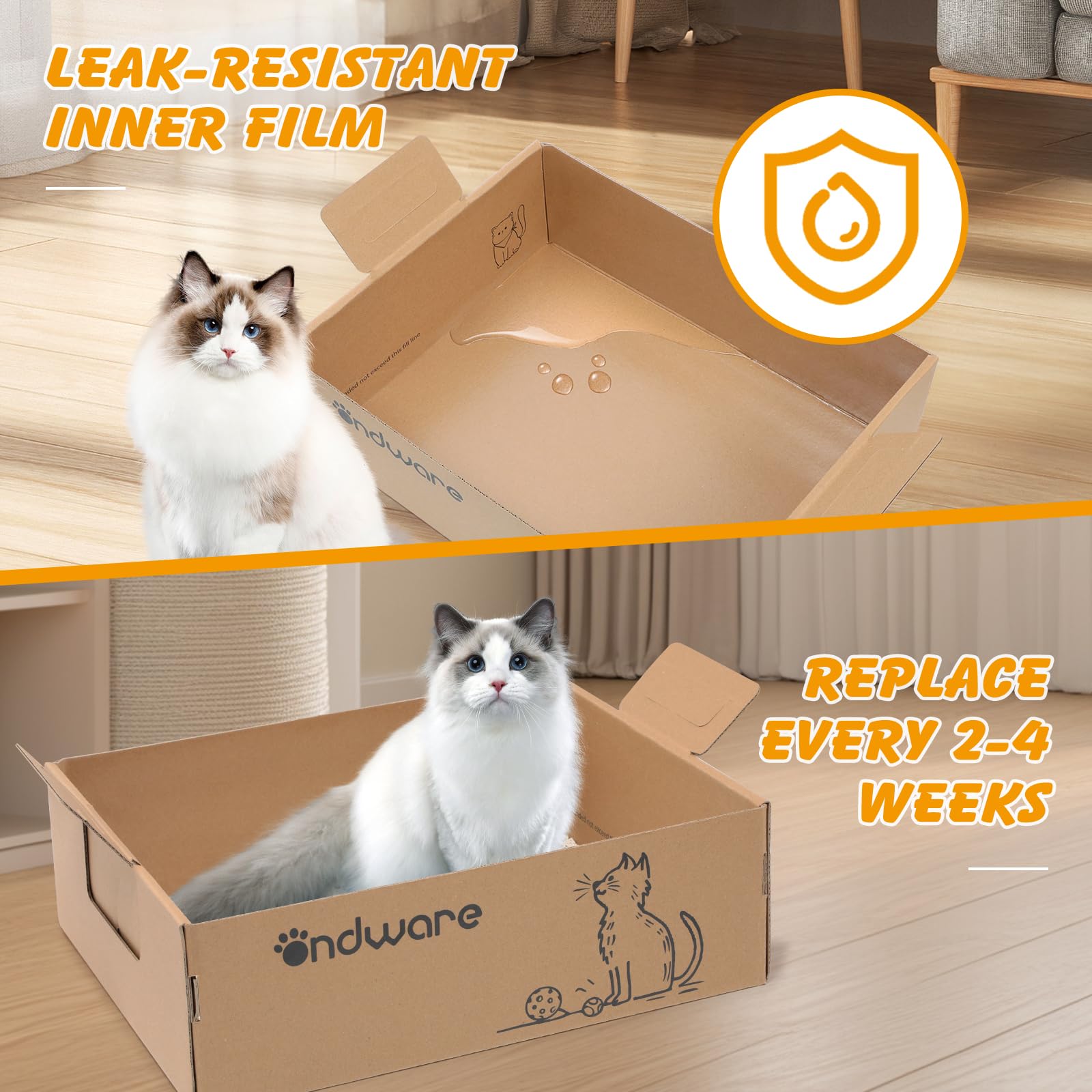 ondware leak-resistant inner film keeps litter dry and floors protected.