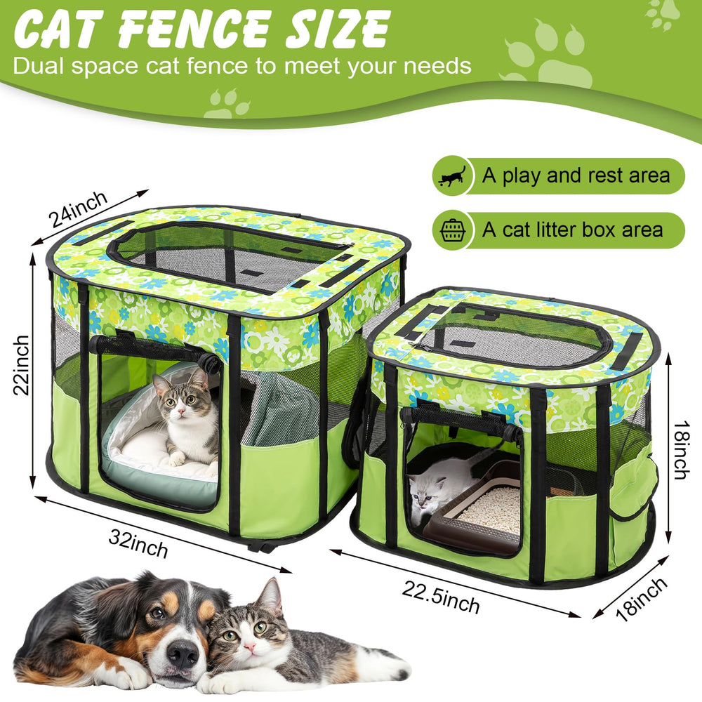 Ondware cat playpen used outdoors with tent pegs provides stable enclosure during camping.