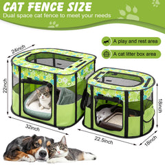 Ondware cat playpen used outdoors with tent pegs provides stable enclosure during camping.