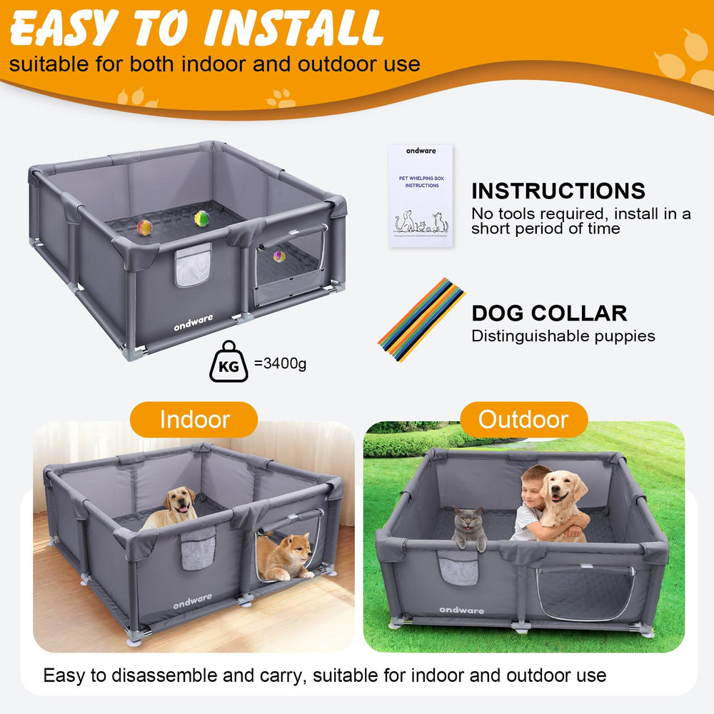 Ondware whelping box dimensions 48x48x18 inches offer a spacious layout.