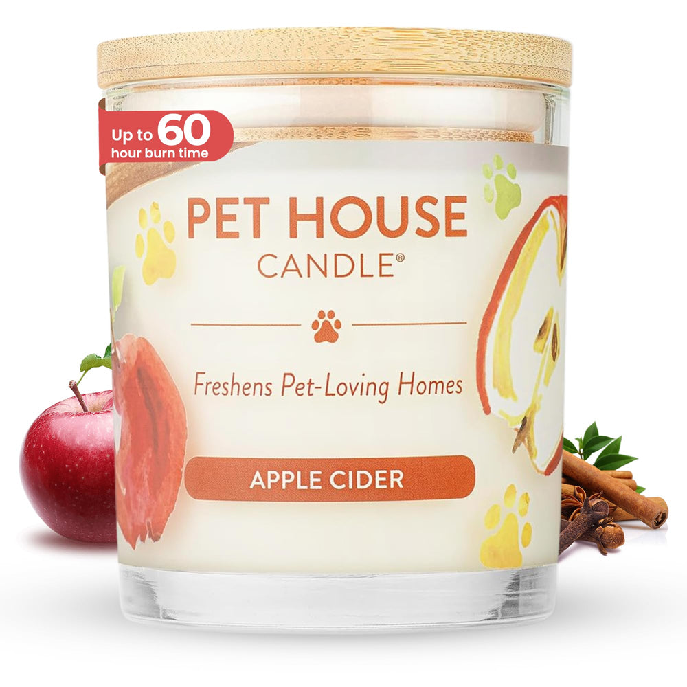 One Fur All Pet House Fall Candles Apple Cider jar glows with autumn warmth and pet odor relief