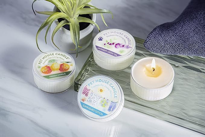 One Fur All Pet House Mini Candles burn-time graphic indicating 8–10 hour operation