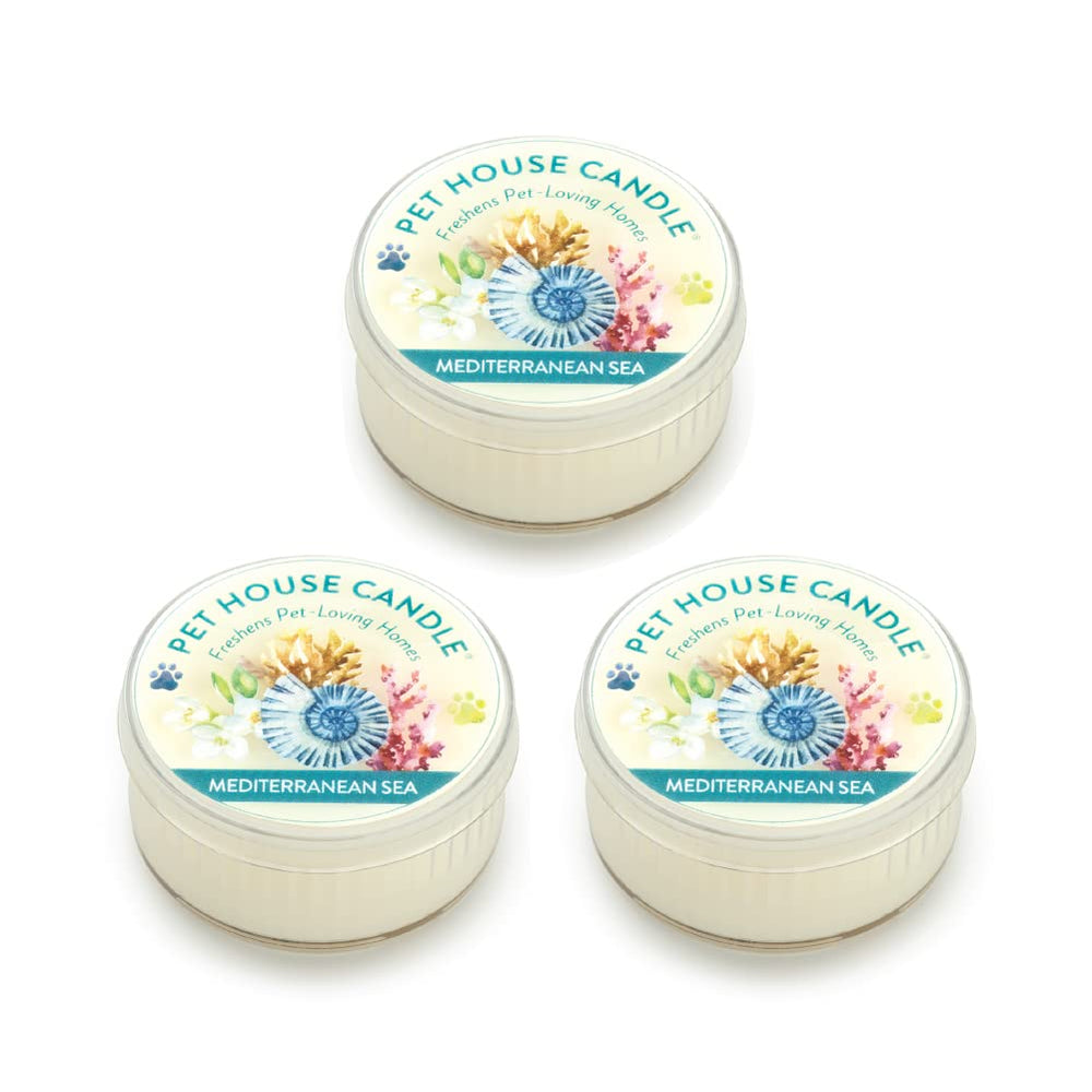 One Fur All Pet House Mini Candles Mediterranean Sea jar front showing fresh coastal fragrance for pet spaces