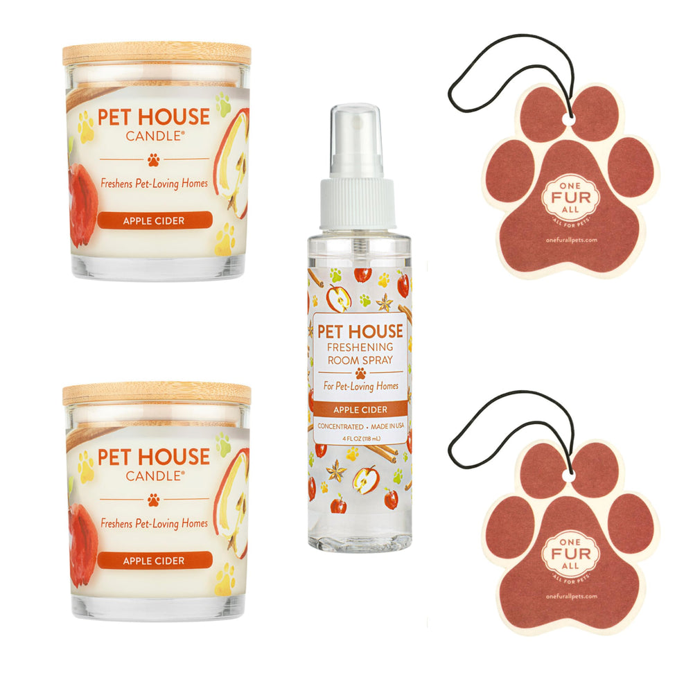 One Fur All value pack image: candle, spray, and car fresheners for long-lasting pet odor control.