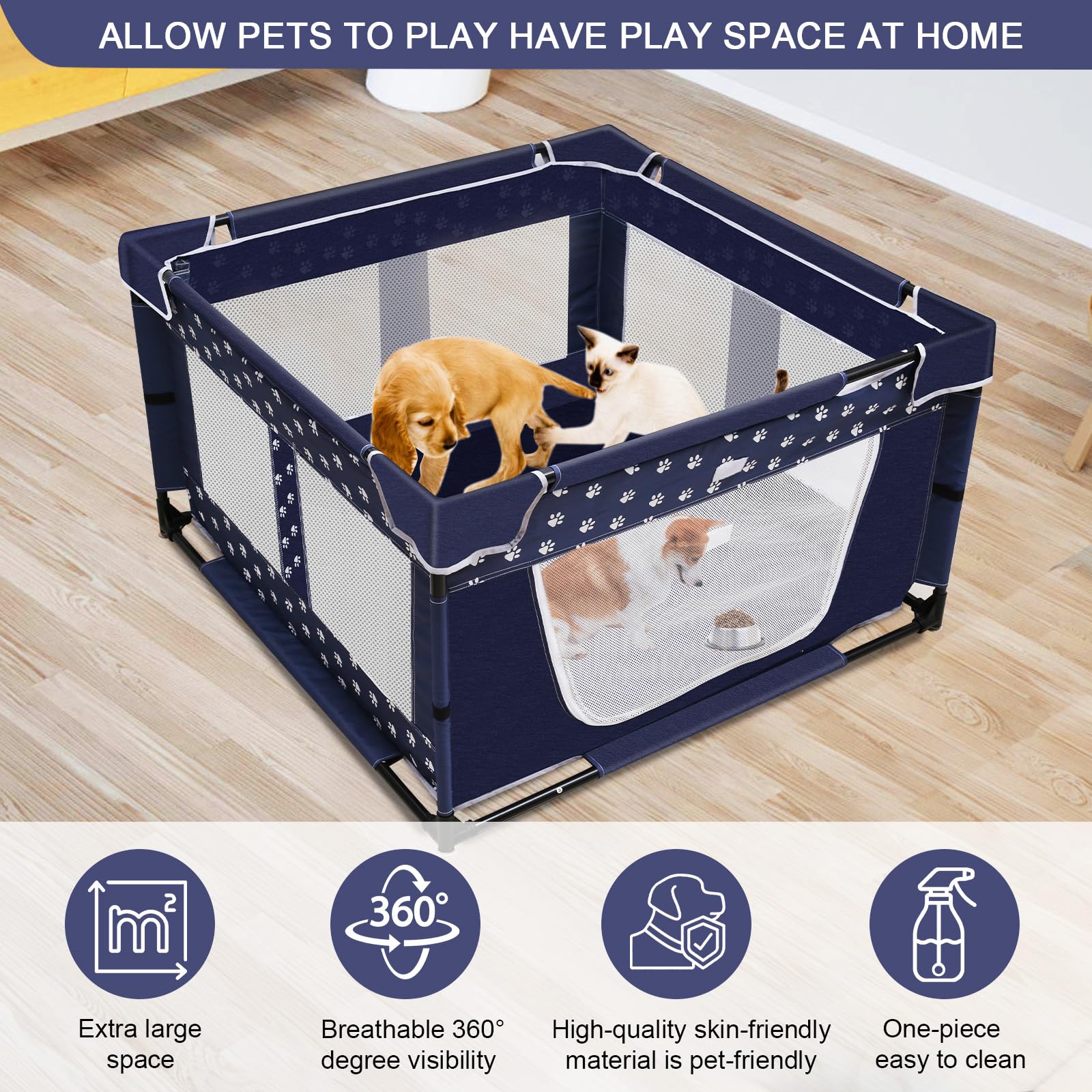 OneBird Puppy Playpen dimensions highlight large 43.3x43.3 inches.