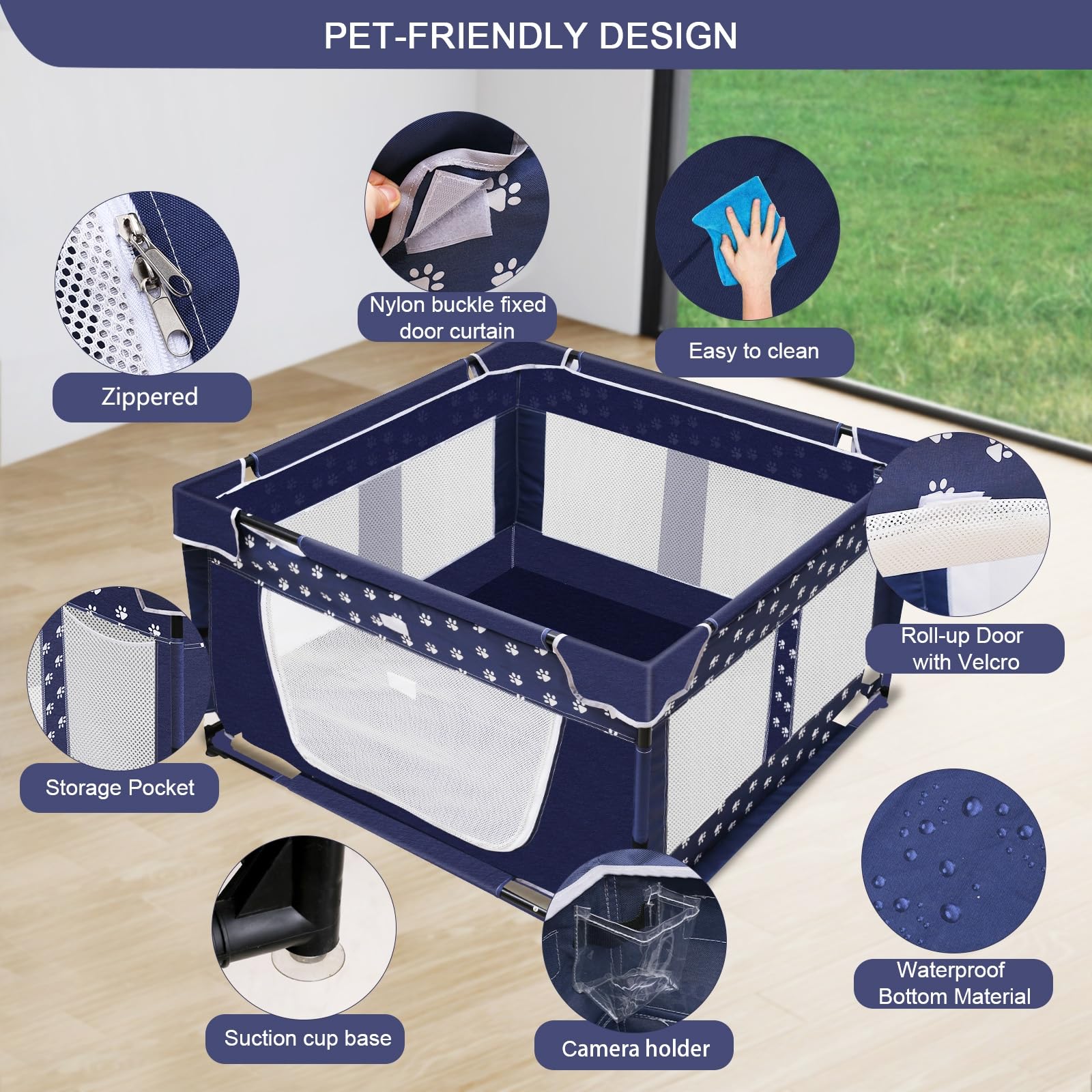 OneBird Puppy Playpen materials feature thickened 600D Oxford fabric and mesh.