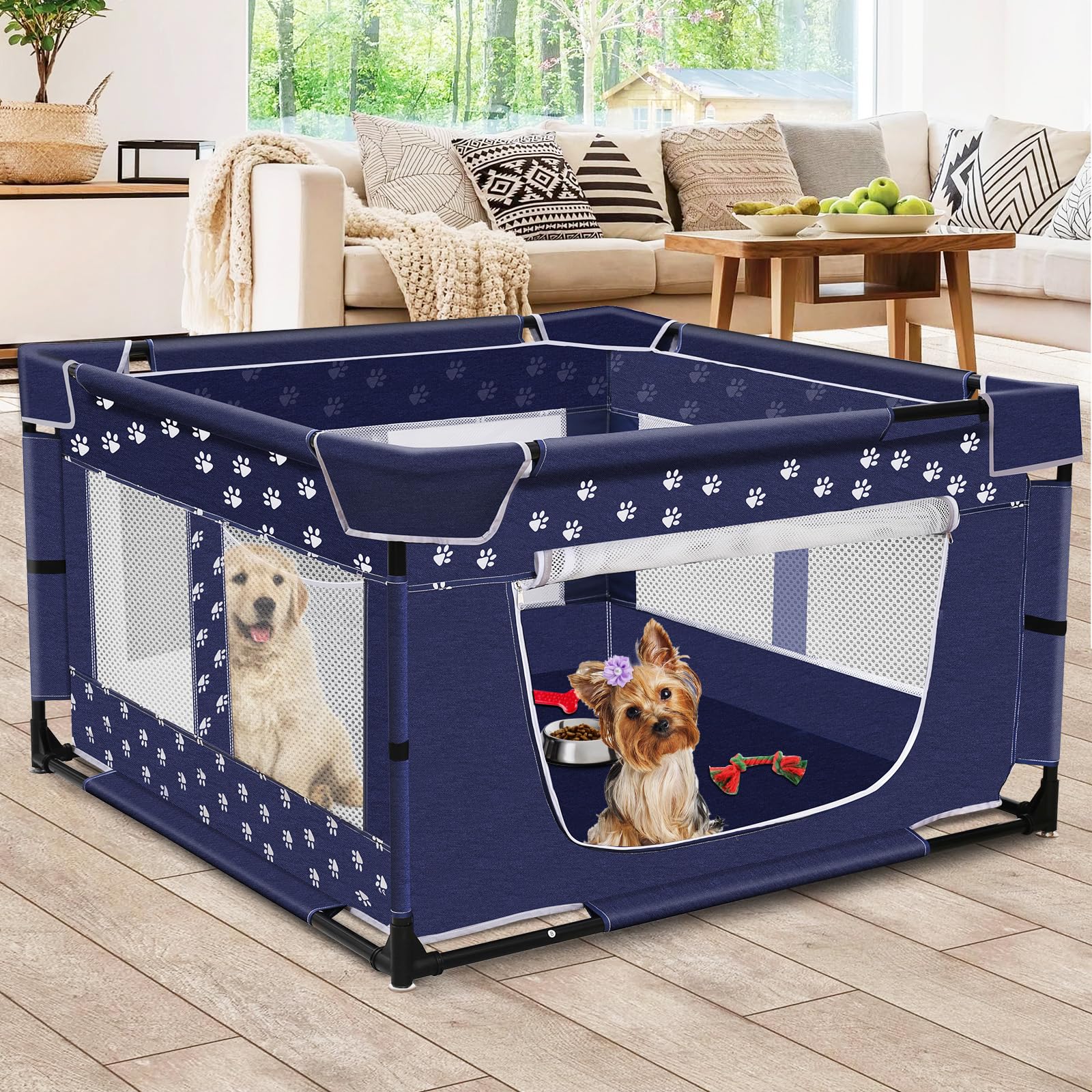 OneBird Puppy Playpen setup view showing spacious footprint for pets.