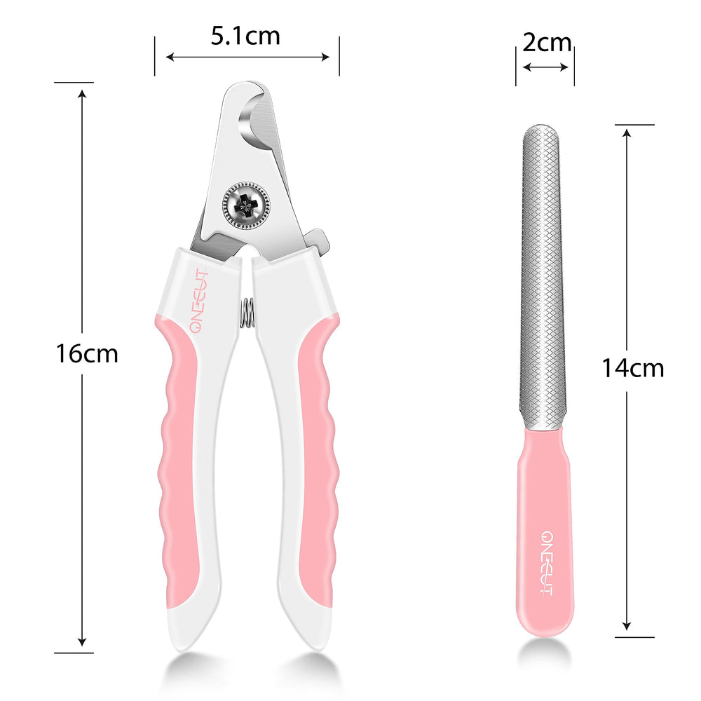 OneCut pink dog nail clippers with safety lock for secure storage.