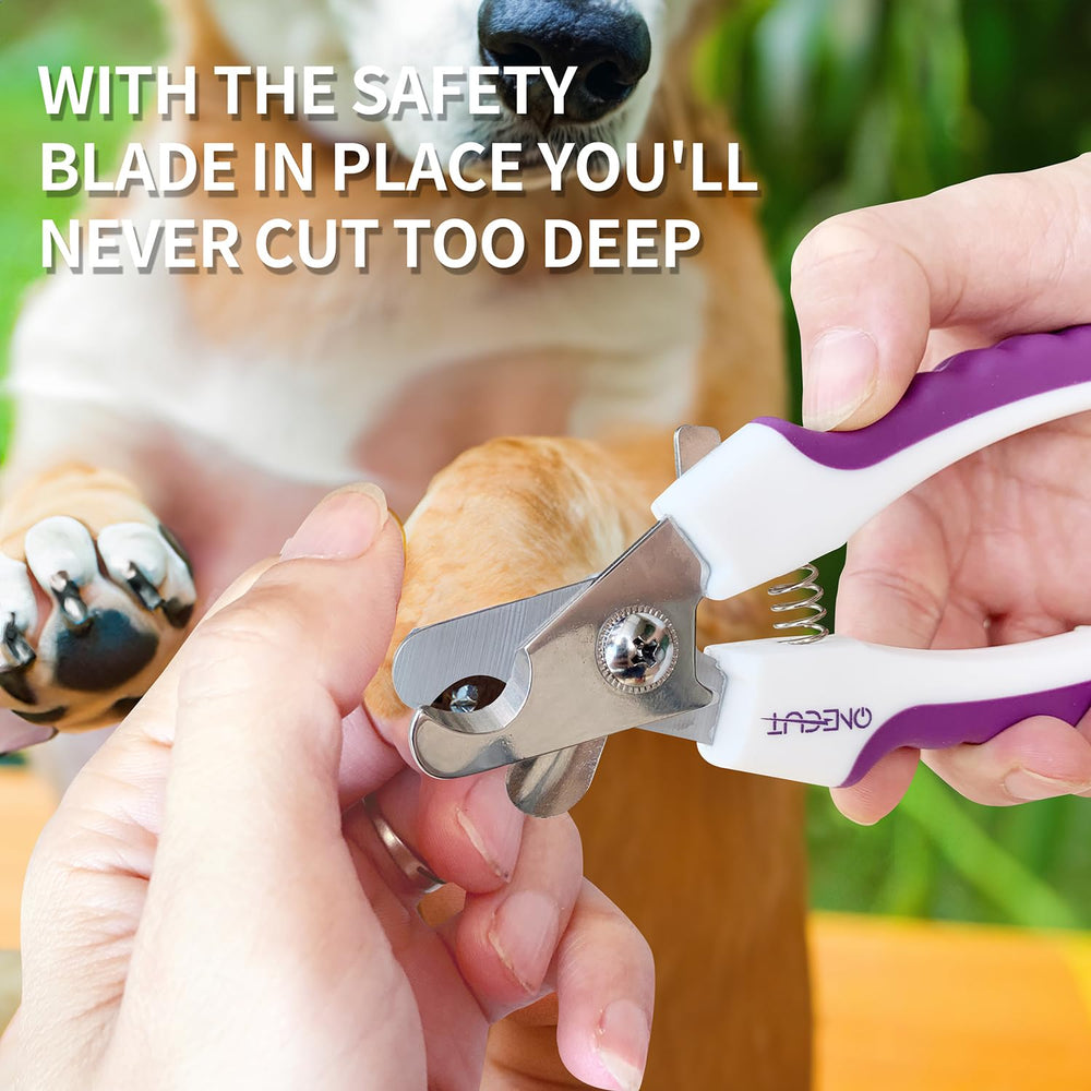 OneCut pink dog nail clippers with rubber-coated handles for comfortable grip.