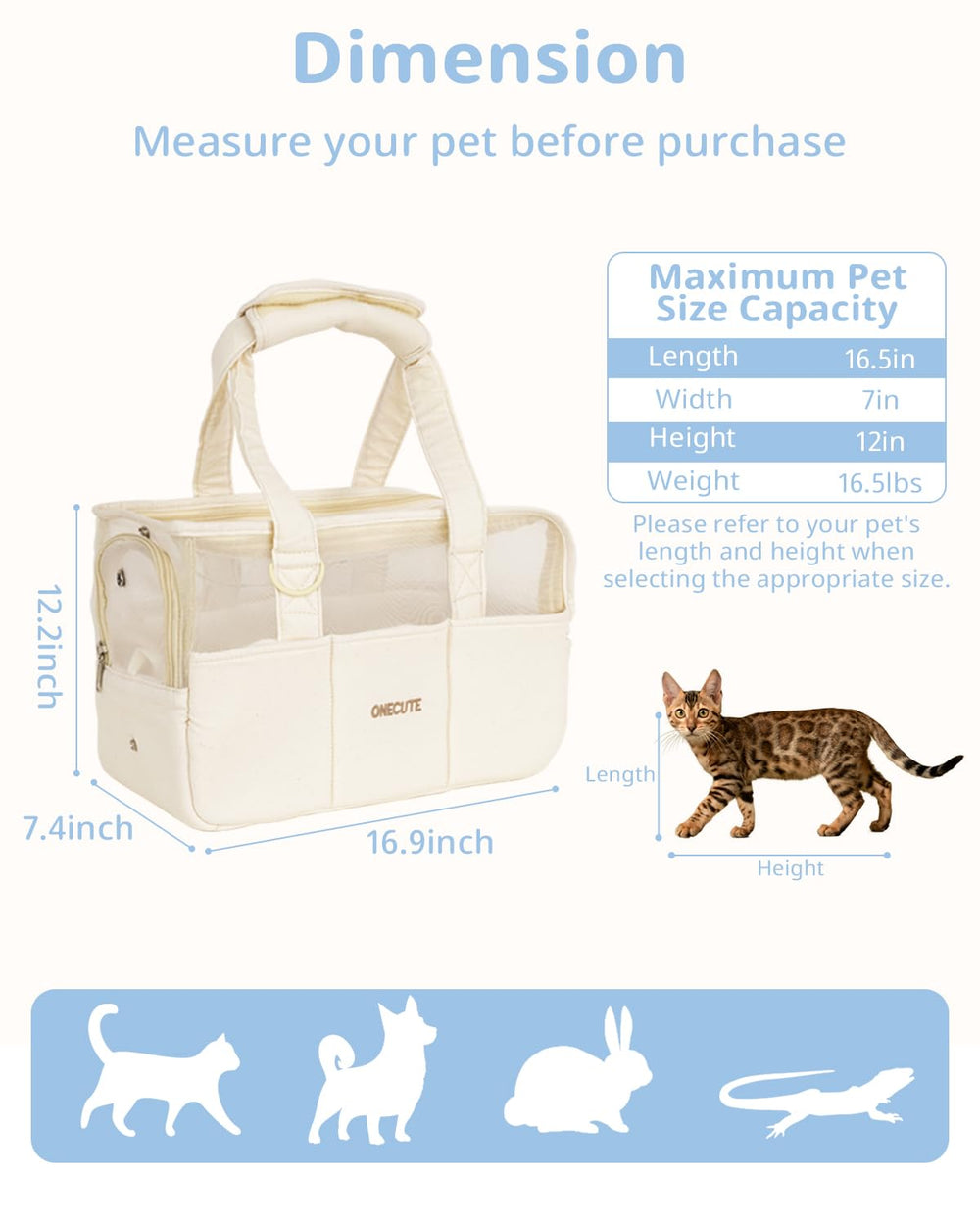 ONECUTE dog purse carrier beige front view reveals five pockets for essentials during trips.
