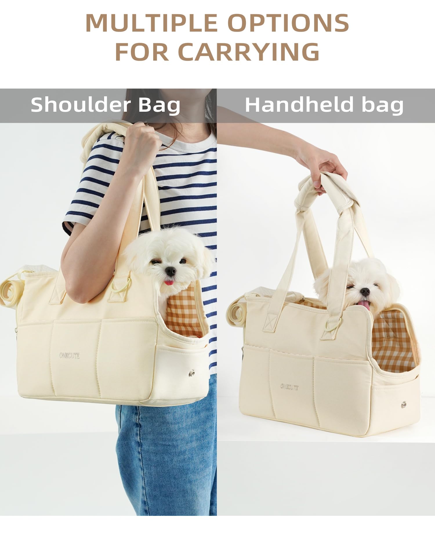 ONECUTE dog purse carrier cotton material close-up shows soft breathable fabric