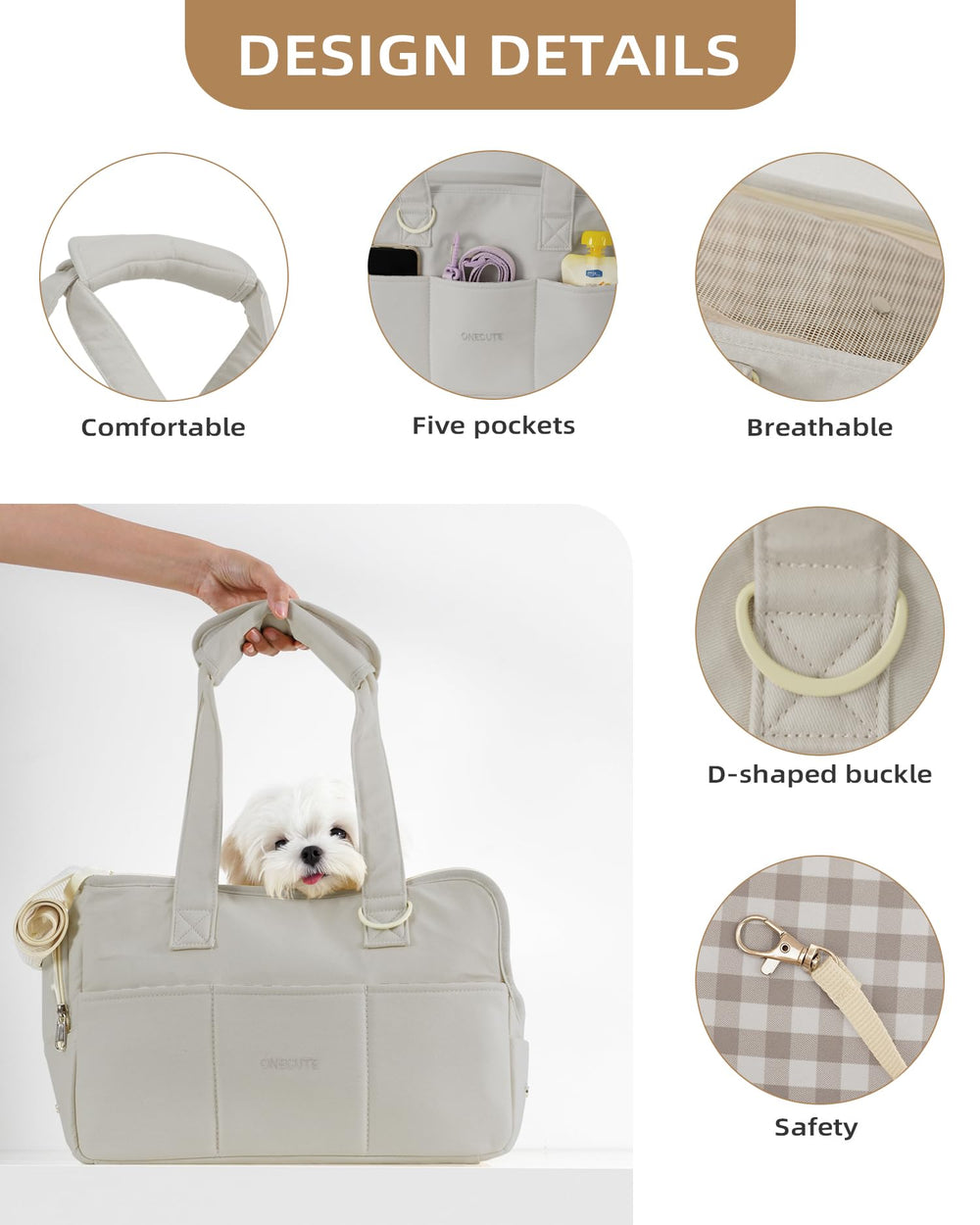 ONECUTE dog purse carrier grey-foldable-bottom emphasizes compact storage after travel.