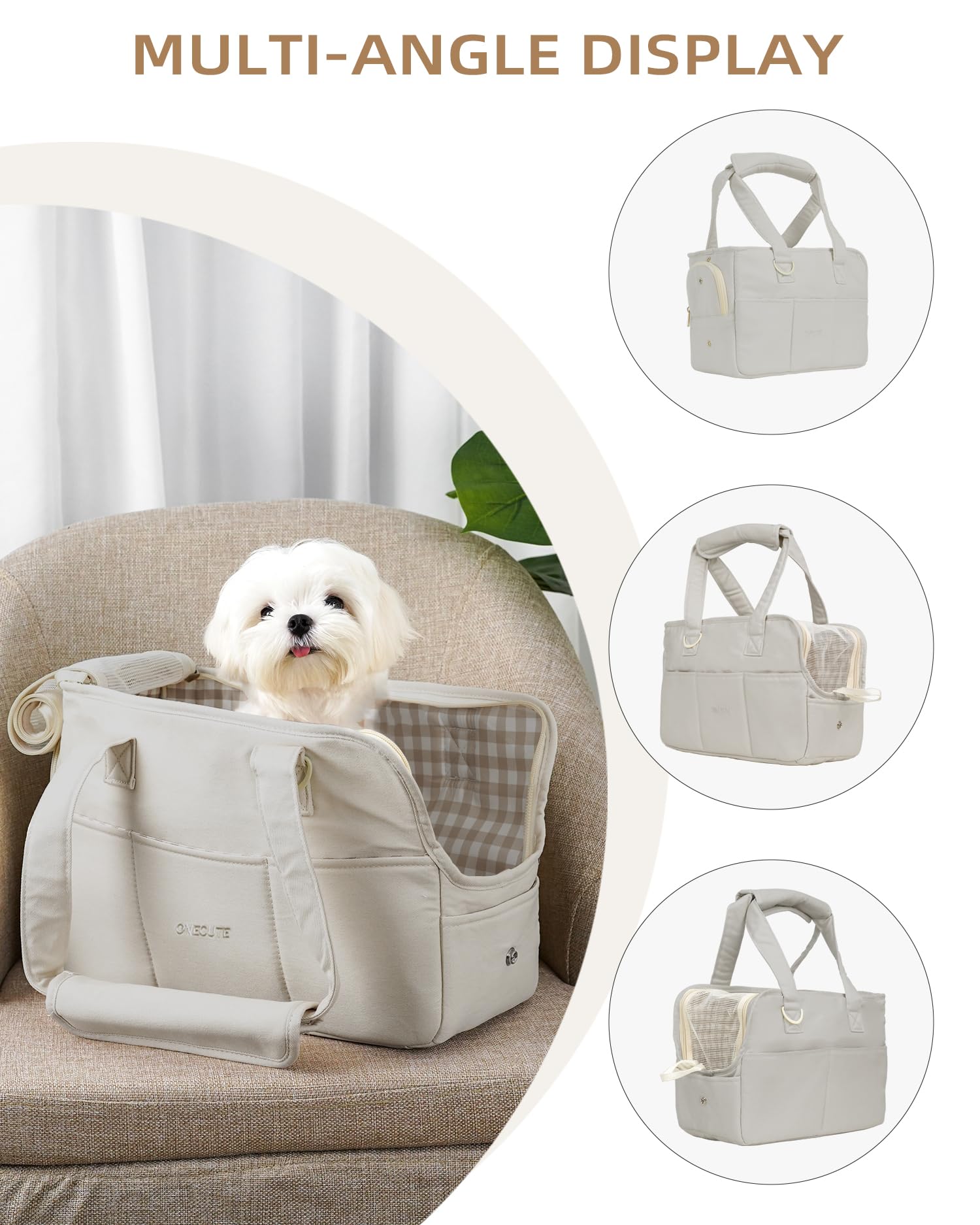ONECUTE dog purse carrier grey safety-rope demonstrates secure interior leash to prevent escapes.