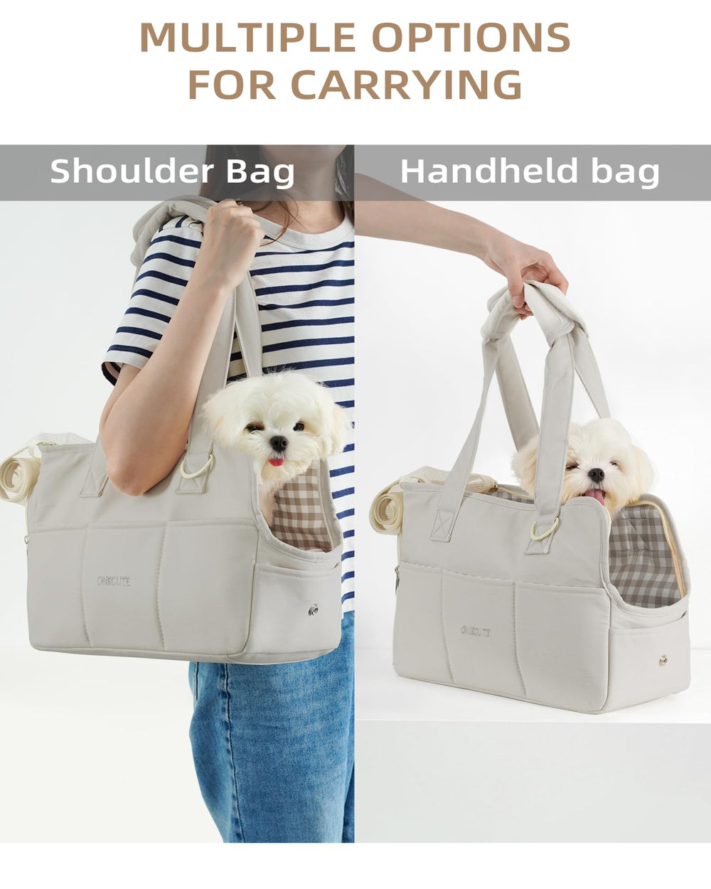 ONECUTE dog purse carrier grey-small-pets-use demonstrates suitability for dogs, cats, or rabbits.