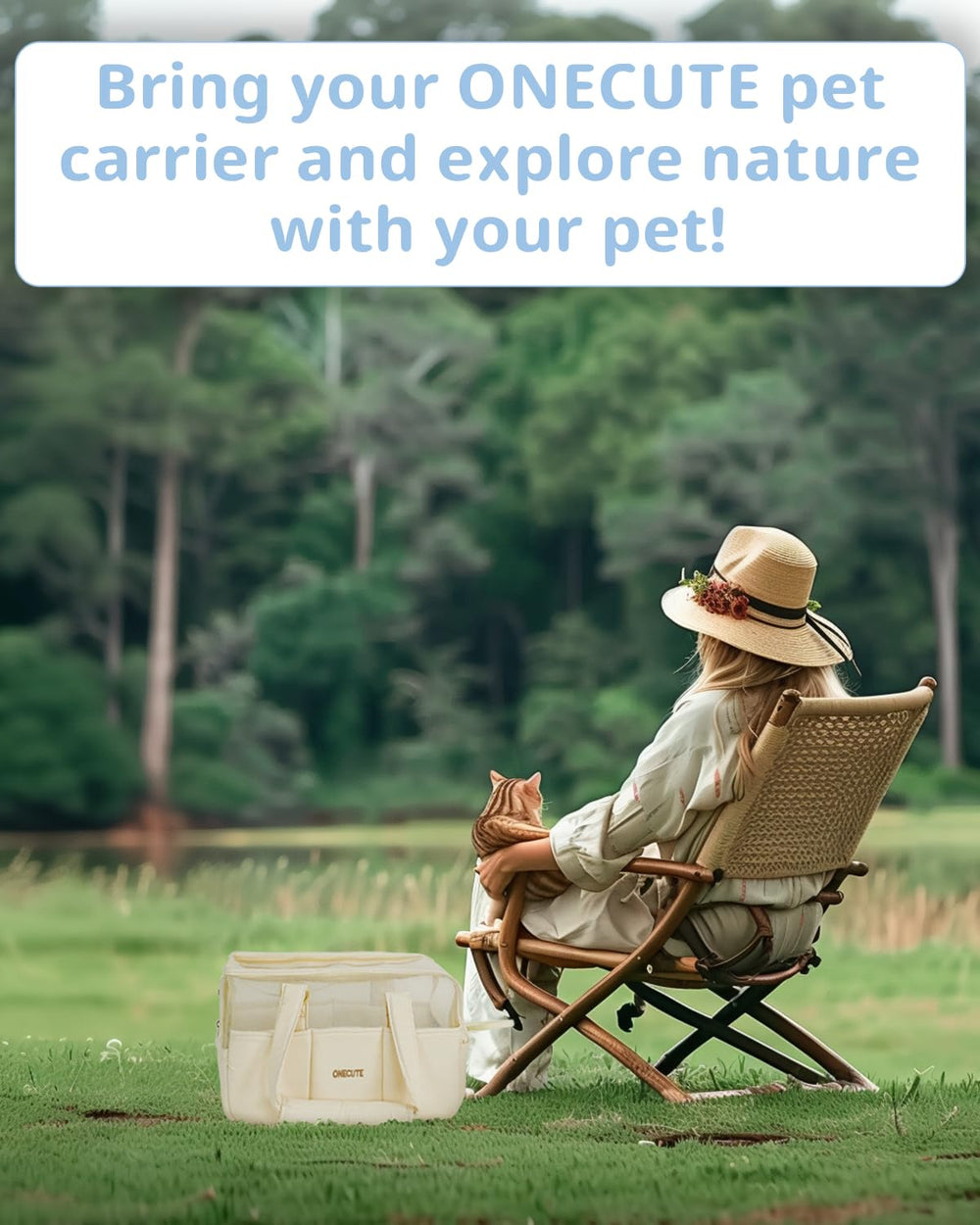 ONECUTE dog purse in-use travel shows comfortable, hands-free transport for small companions.